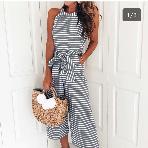 Pants - Belted Wide Leg Striped Jumpsuit Blue Halter